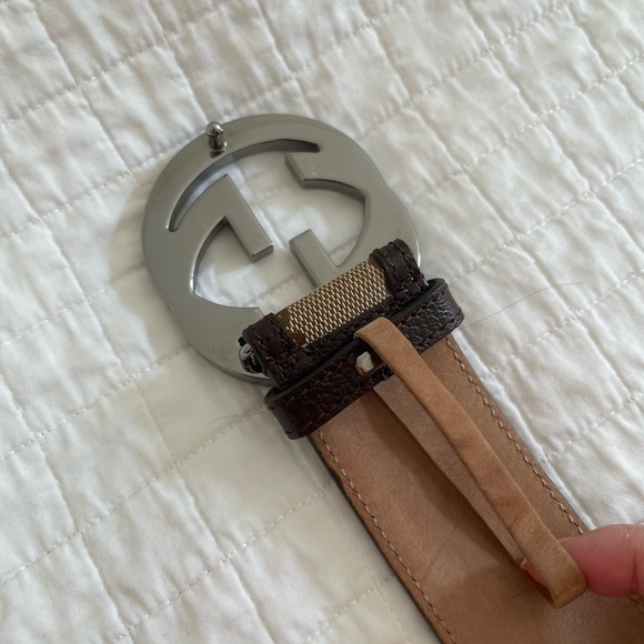 ❌SOLD❌💯Authentic Gucci Canvas Leather Silver Interlocking Buckle belt size 38 - Picture 7 of 15